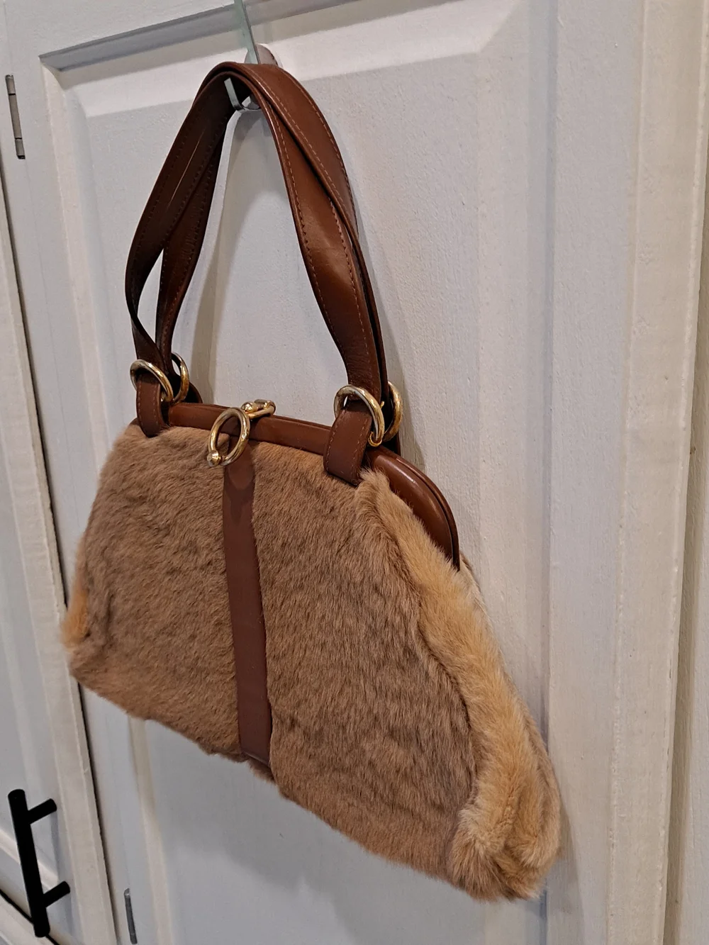 Australian Kangaroo Fur Vintage 70s Handbag Leather Trim Gold Ring Accent